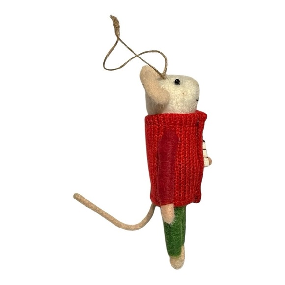 Vintage felt Christmas white mouse holding milk jar red sweater green legging 5” - Picture 4 of 15